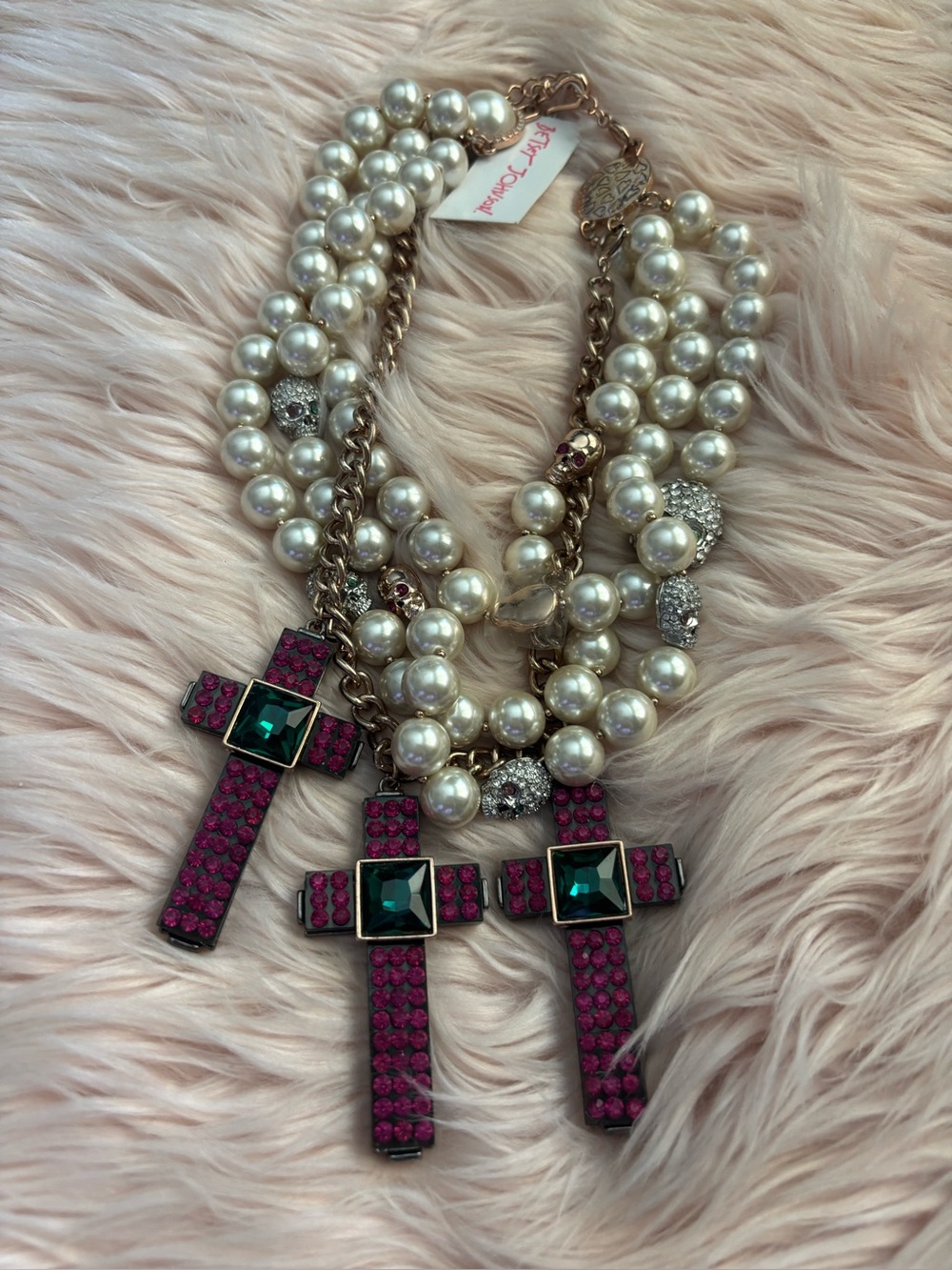 Betsey Johnson White Pearl & Pink Crystal Cross Necklace